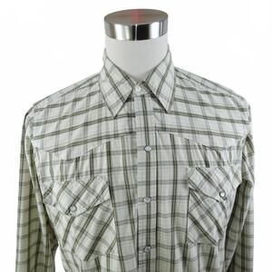 Bit & Bridle Mens Pearl Snap Button up Beige Green Plaid Shirt L